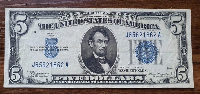 1934- A $5 Dollar Silver Certificate Usa Blue Seal Note Crisp Gem Au+++