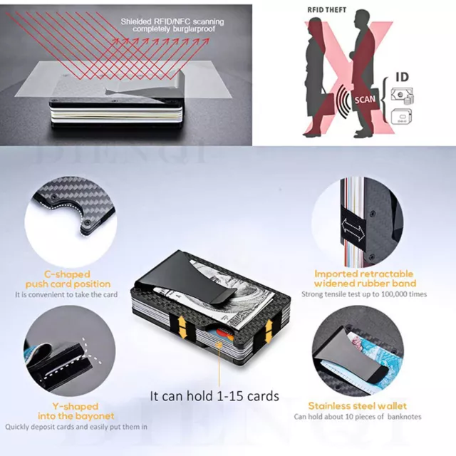 Mens Carbon Fiber RFID Blocking Clip Wallet Money Slim Credit Card Holder Metal 4