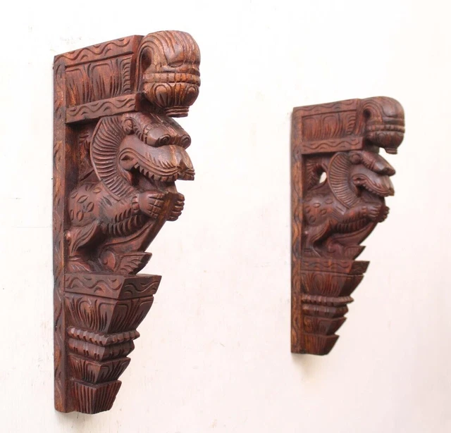 Yali Statue Wooden Wall Bracket Corbel Pair Shelf / Support Vintage Home Decor