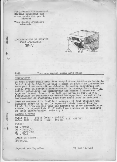 Documentation de service pour appareil 391V : auto-radio 1949 (radiola ?)