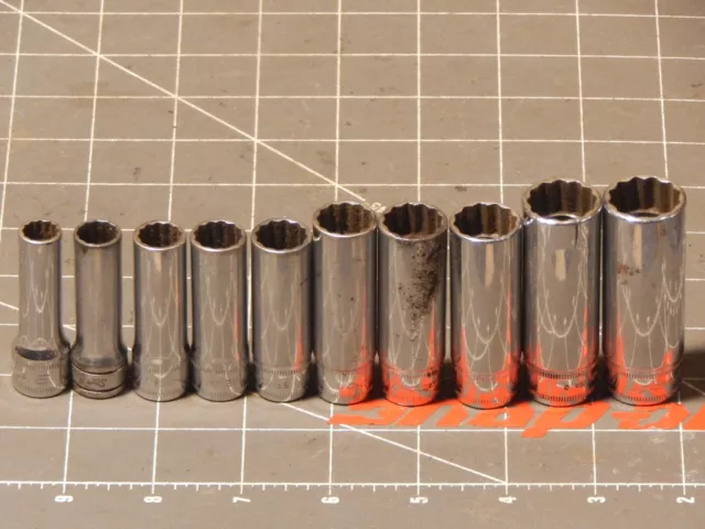 1 CRACKED Snap On 10Pc Metric 3/8" Drive Deep Socket Set 9MM 18MM 12Pt 12 Point