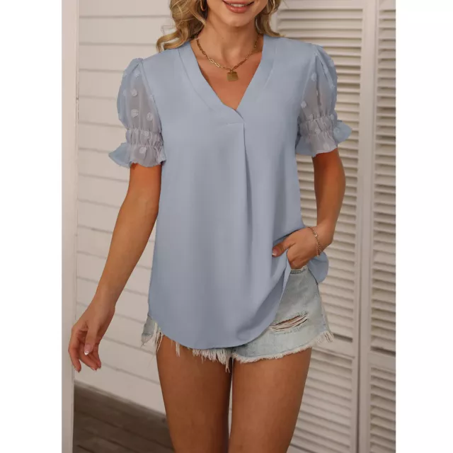 Women Chiffon Blouses Short Sleeve Casual V Neck Shirt Tops Loose FTD