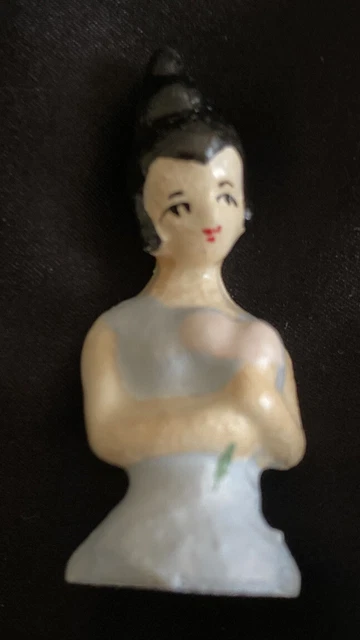 TINY GERMAN CHINA HEAD Torso DOLL MINIATURE SIZE-Black HAIR 2”
