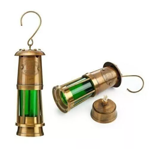 NAUTICAL HEAVY BRASS Green Minor Lamp Antique Ship Lantern Oil