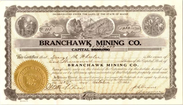 1923 Branchawk Mining Co. Antique Stock Certificate - Maine Corporation