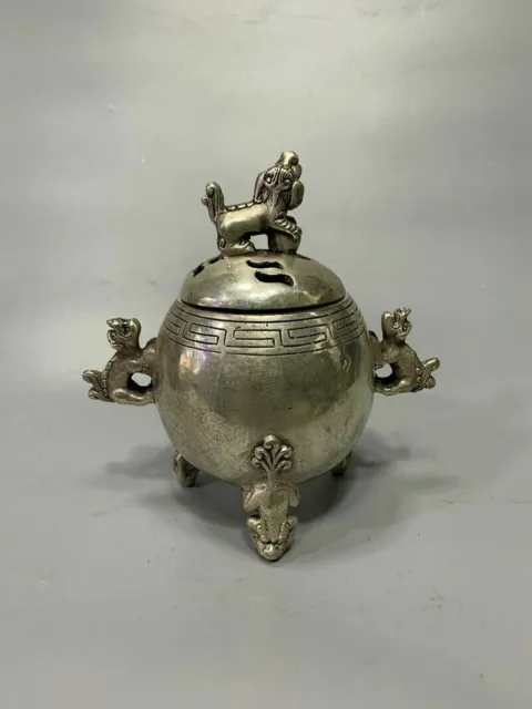 Exquisite Old Chinese tibet silver handmade lion fu dog incense burner