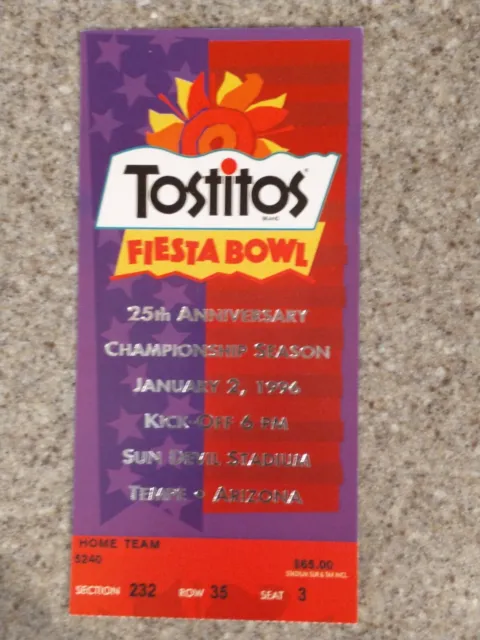 1996 Tostitos Fiesta Bowl Ticket. Nebraska Cornhuskers v  Florida Gators.