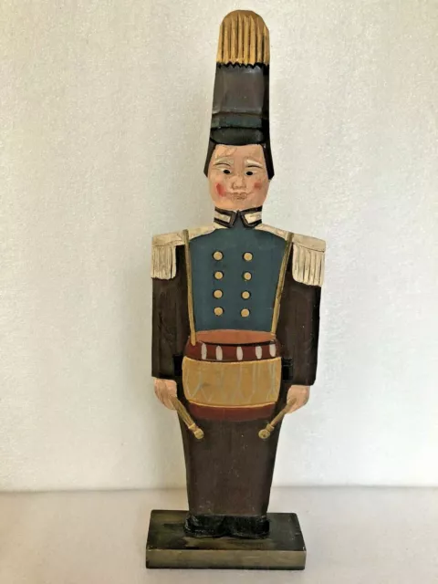 Vintage Tall Hand Carved Wooden Soldier Drummer 14" 2-sided Hand Painted 2