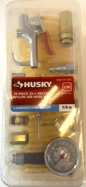 Husky 15 Piece 25 ft Recoil Nylon Air Hose Kit In Plastic Box Model 1003 177 434