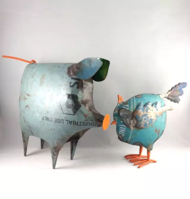 SALVAGE RECYCLED METAL Folk Art Pig And Chicken Sculpture $74.99 - PicClick