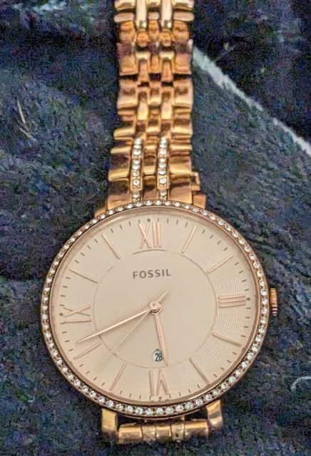 Fossil "Jacqueline" Watch Women  Rose Gold Tone Date Round New Battery 6.5"