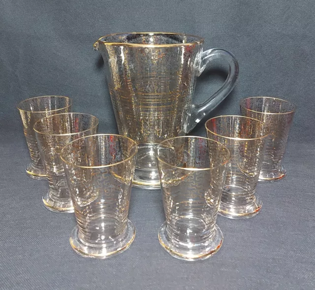 Lemonade Set Vintage 1950s Jug & 6 X Glasses Clear Gold Detail