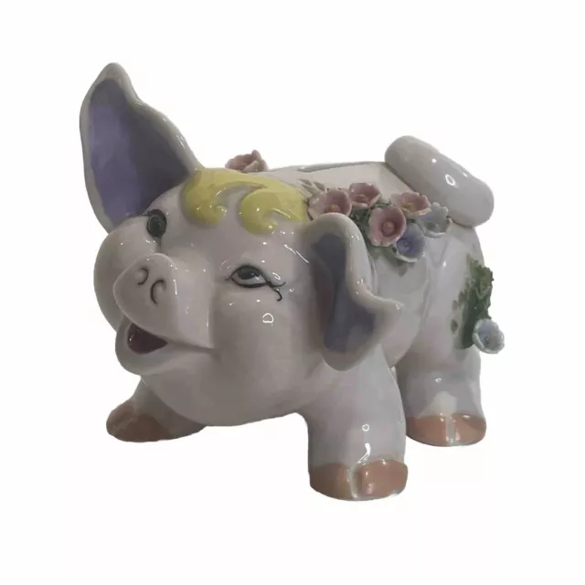 VTG Lefton Piggy Bank Pig Porcelain Figurine 3D Flower Decorated Hand Painted 5"