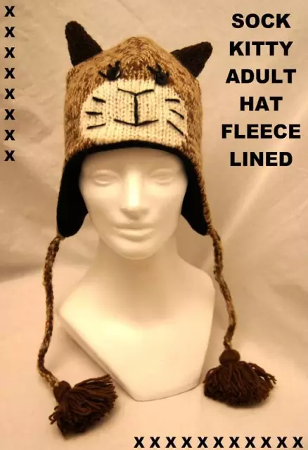 Adult CAT HAT knit costume stitch face FLC LINED brown sock kitty animal ski cap