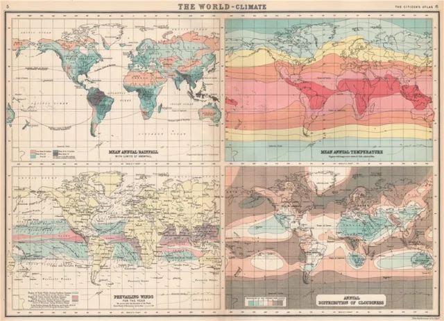 WORLD CLIMATE. Rainfall Temperature Winds Cloudiness. BARTHOLOMEW 1912 old map
