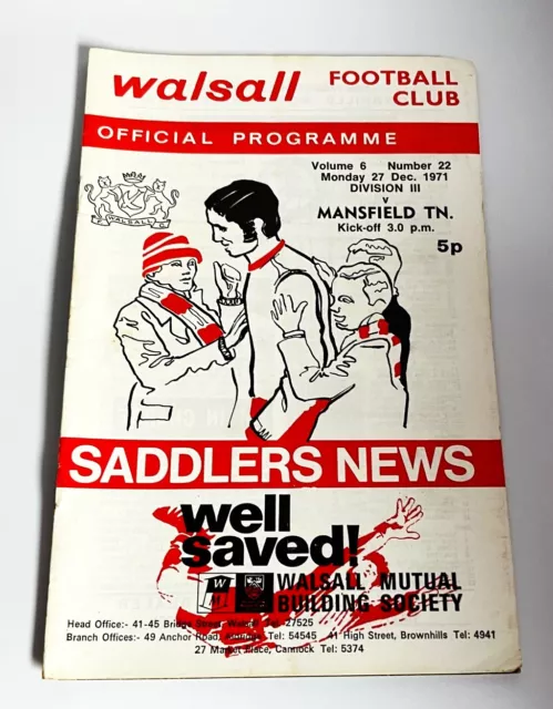 Walsall vs Mansfield Town football programme Div 3 27th December 1971 Inc FLRevu