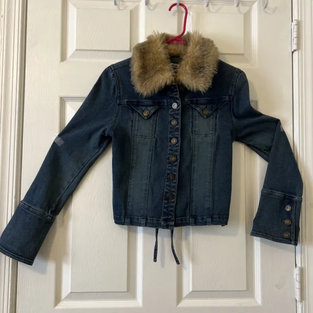 Bebe fur trimmed denim jacket with strappy back size XS