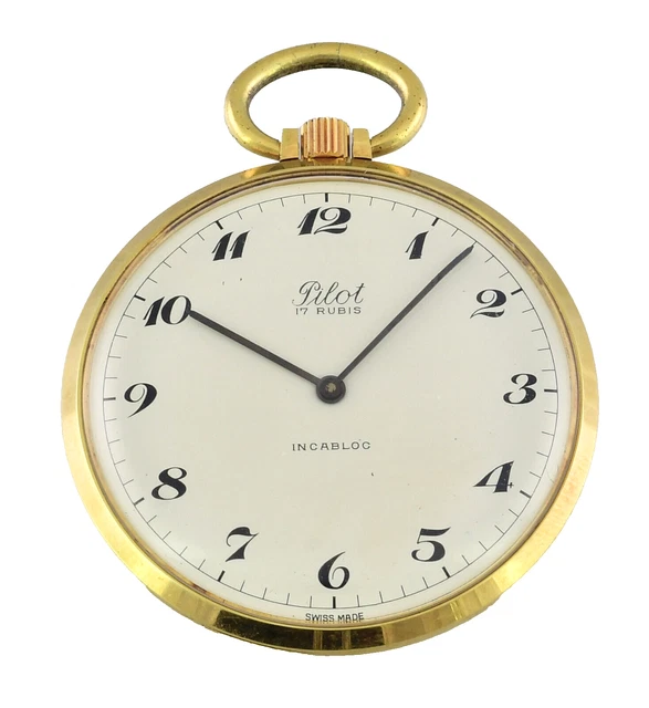 VINTAGE PILOT 17 Jewels Incabloc Ultra Slim Gold Pocket Watch All Swiss Made 159.98 PicClick AU