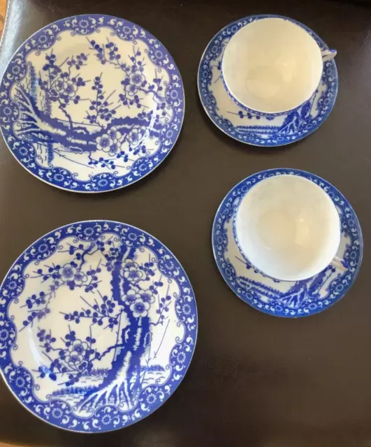 Kirschblüte Japan Porzellan 2 Gedecke hauchzarte Tee Tassen blau-weiss