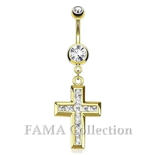 FAMA Cross Multi Paved Gemmed Dangle 14kt Gold Plated Surgical Steel Belly Ring 2