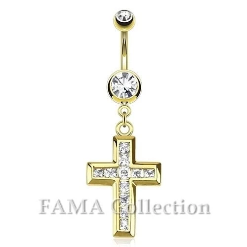 FAMA Cross Multi Paved Gemmed Dangle 14kt Gold Plated Surgical Steel Belly Ring 2