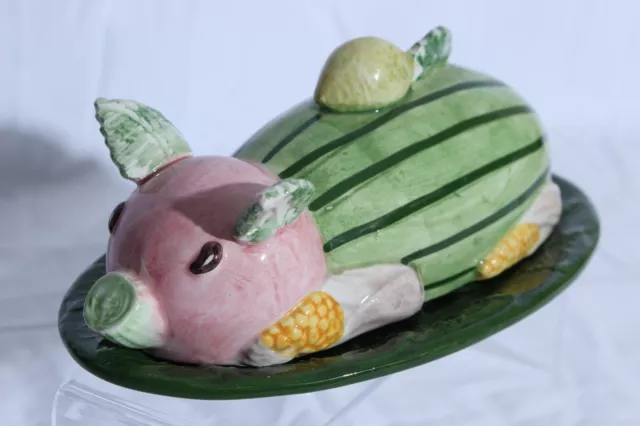 Vtg Majolica Anthropomorphic Harvest Pig Covered Butter Dish Gump's Italy