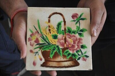 2 Pc Vintage Colorful Flower Baskets/Pot Picture Ceramic Tiles, Japan 3