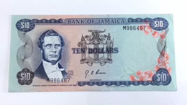1960 Bank Jamaica Ten 10 Dollar M Series Crisp Circulated Banknote H172