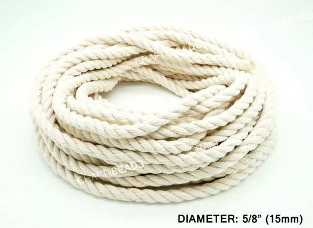 15mm - Natural White 3 Strand Cotton Twisted Cord Rope Craft Macrame Artisan