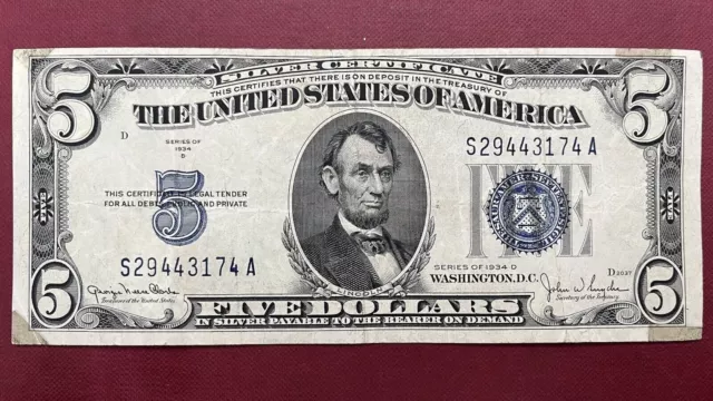 1934 D Five Dollar Silver Certificate $5 Bill Blue Seal Note Better Grade #59016