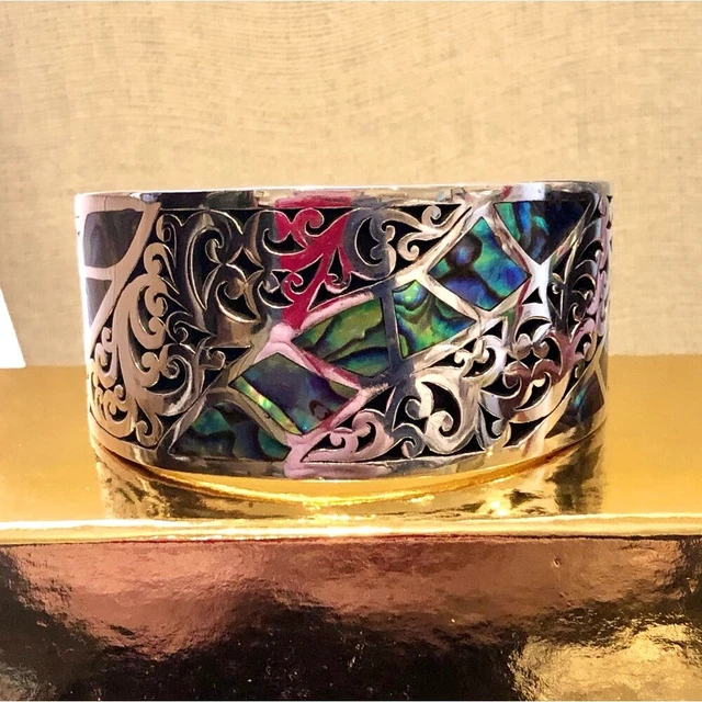 LOIS HILL Blue Green Abalone Inlay Sterling Silver Cut Out Scroll Cuff Bracelet LOIS HILL Blue Green Abalone Inlay Sterling Silver Cut Out Scroll Cuff Bracelet