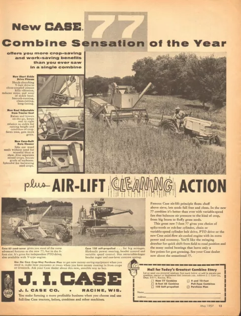 1957 LARGE Print Ad of Case 77 & 65 Combine Farm Tractor 150 Self Propelled