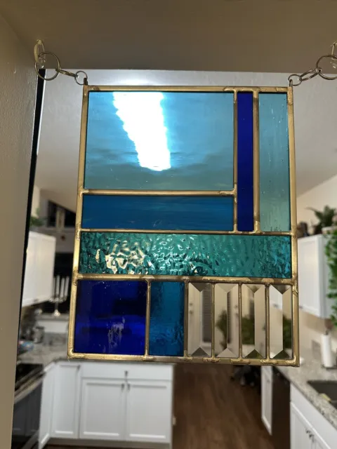 Modern Art Deco Blue Leaded Stained Glass Window Panel with Bevels