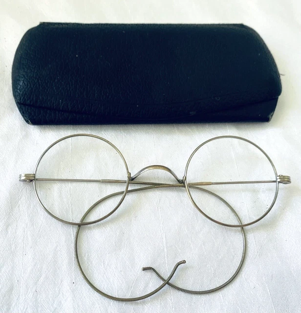 ANTIQUE Silver Tone ROUND Framed Bifocal Eyeglasses with Art Deco Case