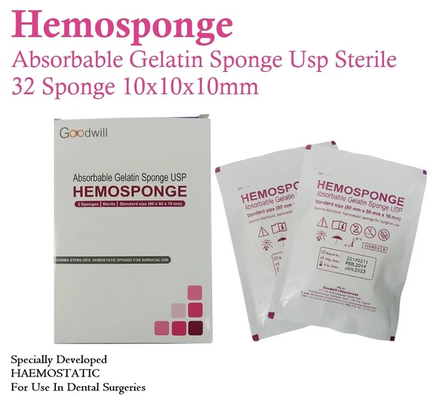 Hémosponge Dentaire Absorbable En Gélatine - 32 éponges Stériles 10x10x10mm - Marque GOODWILL - Neuf