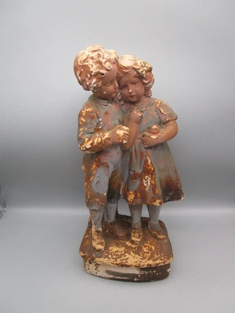 Ancien Plâtre polychrome couple d'enfant "tiens ne pleure pas"