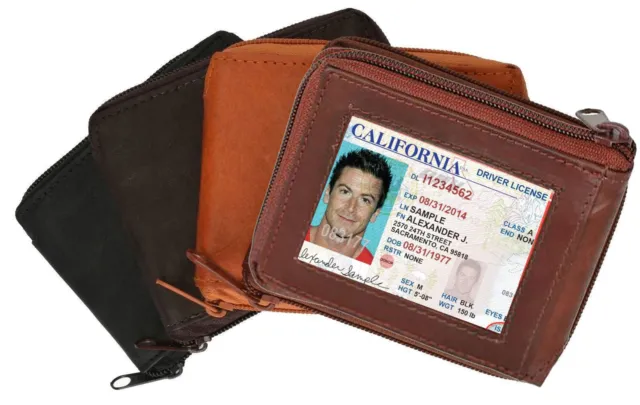 Genuine Leather Men's Bifold Wallet ID Badge Front Pocket Zip Around