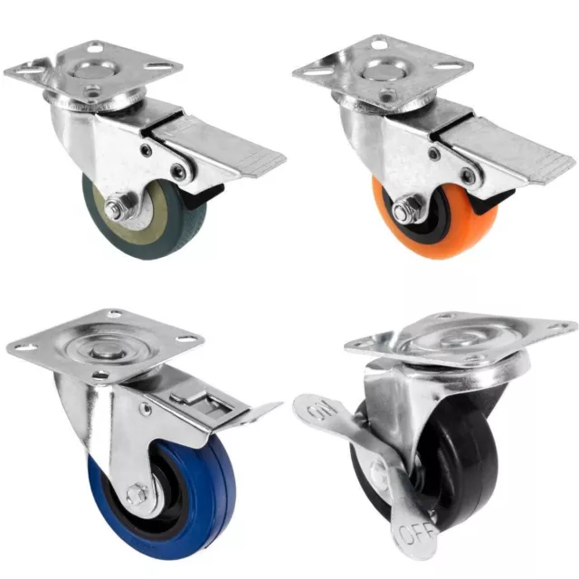 BRAKED CASTOR WHEELS 2" 3" 4"- 4Pc- Caster Cart Trolley Bed Swivel Rubber Brake