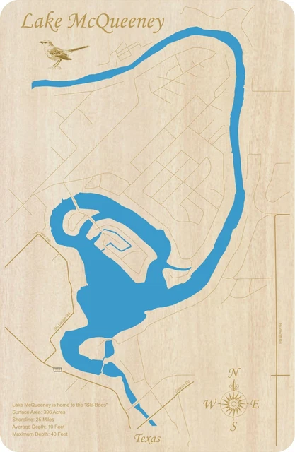 Lake McQueeney, Texas - Laser Cut Wood Map | Wall Art | Made to Order