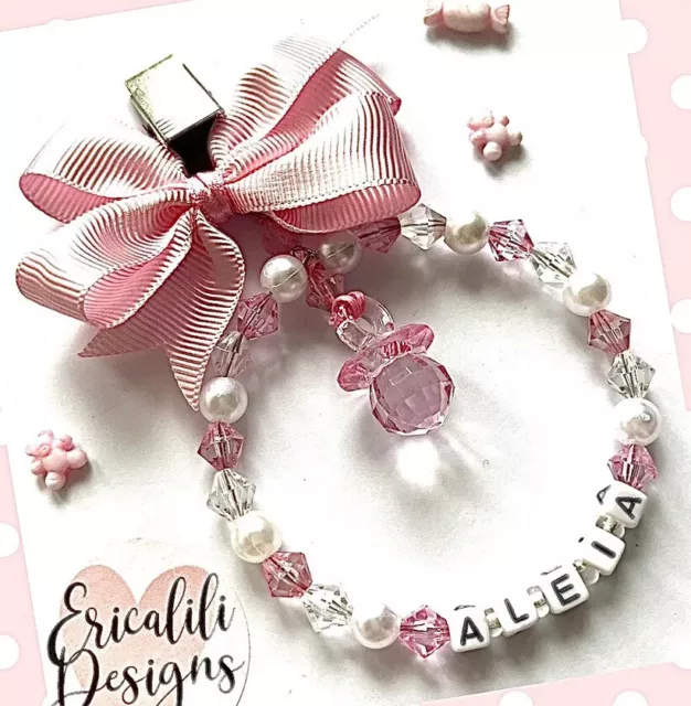 🙂 Personalisiert Mädchen Kinderwagen Charm Clip Flasche Pink Weiss Neu Mum Baby Dusche Geschenk 🙂