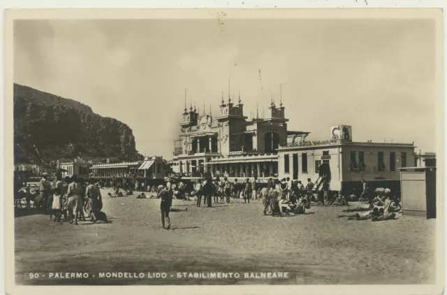 Mondello Lido -Palermo -Stabilimento Balneare Con Bagnanti Cartolina D'epoca