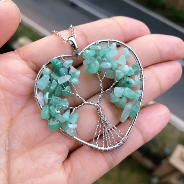 Aventurine Stone Tree Of Life Pendant Necklace Chakra Reiki Healing Amulet