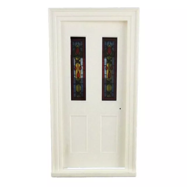 Dollhouse White Plastic Victorian Front Door with Stained Glass Panels 1:12