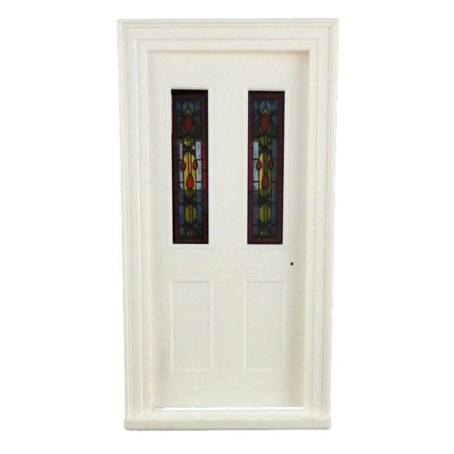 Dollhouse White Plastic Victorian Front Door with Stained Glass Panels 1:12