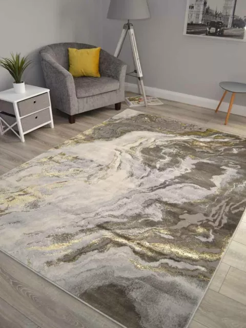 Grey Gold Marble Look A Like Rugs Small Extra Large Modern Carpets Soft Thick