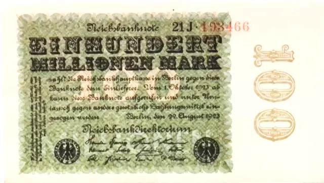 1923 Germany  100.000.000 / 100 Million Mark Banknote Weimar Republic low grade