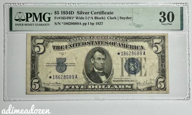 1934D $5 Silver Certificate Star ⭐️Note Fr. 1654Wi* Wide I  (PMG30) SW5379CF