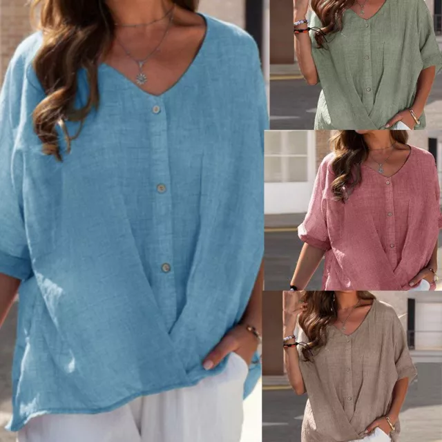 Plus Size Cotton Linen Casual Blouse Baggy Ladies T-Shirt Top Summer Tunic Women