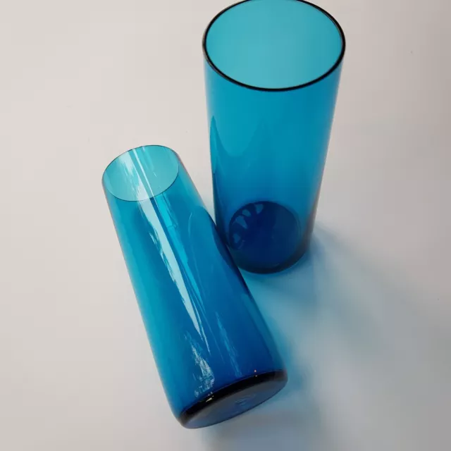 Vintage 1960s retro MCM aqua sky blue glass drinking tumblers glasses 14cm pair