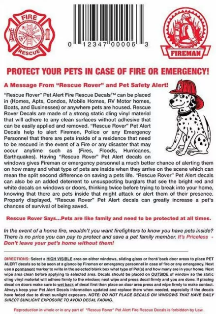 PET SAFETY ALERT Cling Window Decal Sticker CAT DOG Fire Rescue Emergency 2 pk 2